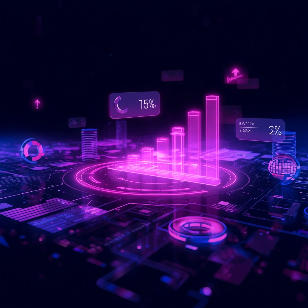 Futuristic data visualization concept for PPC statistics: glowing bar charts, radial donut graphs and floating metric cards with upward arrows, abstract financial growth theme, deep navy and electric violet gradient, dark background, cinematic lighting, no people